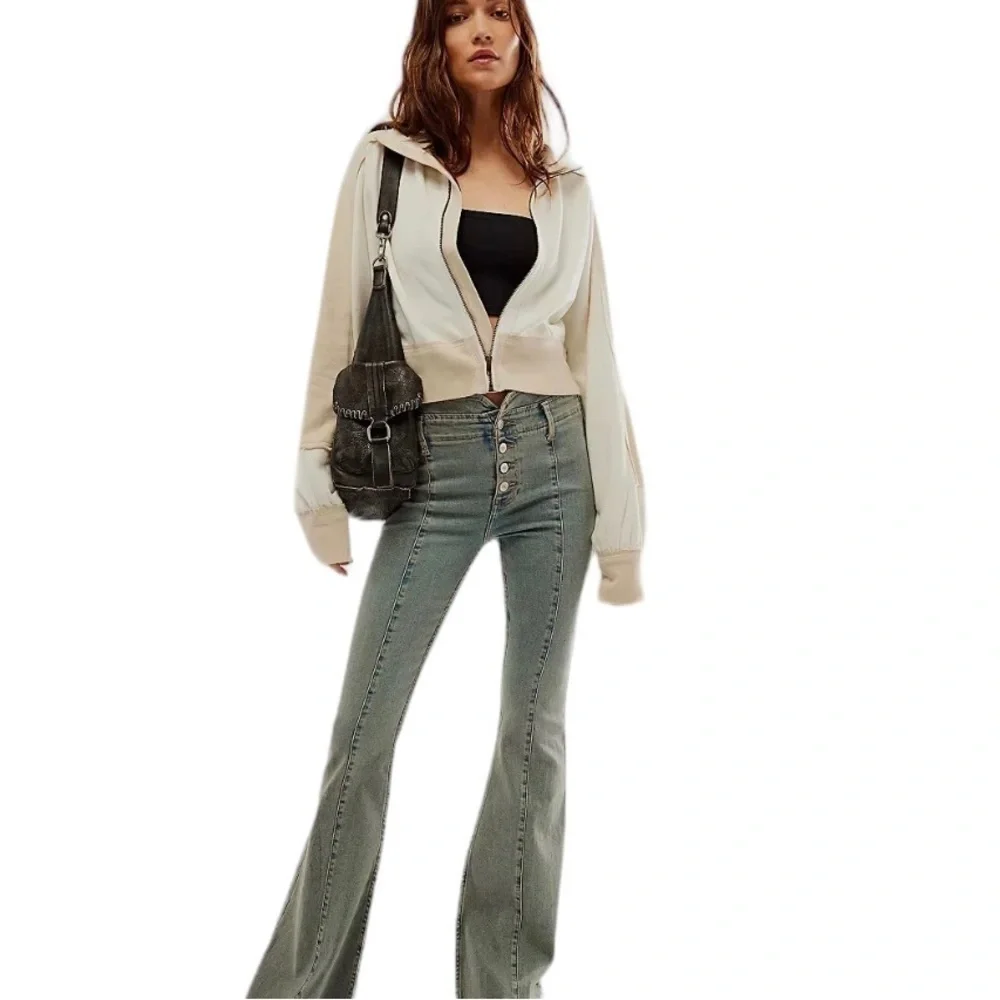 Free People We The Free Asher Track Zip Up Jacket Cropped Cotton Size Large